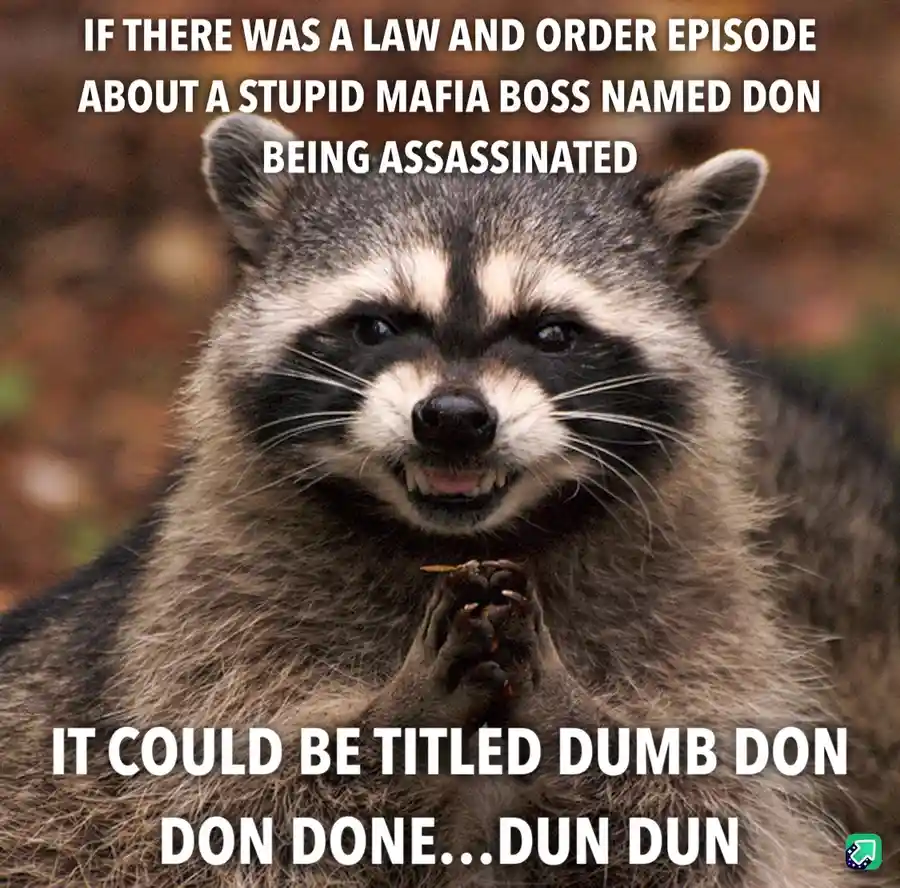 A close-up photo of a raccoon with a smug, self-satisfied expression, its paws clasped together in front of its chest. The…