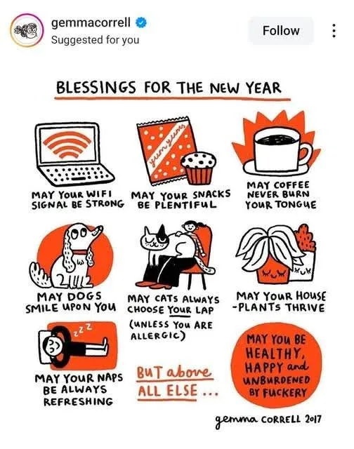 A hand-drawn illustration by Gemma Correll titled 'Blessings for the New Year' lists humorous wishes including strong wifi…