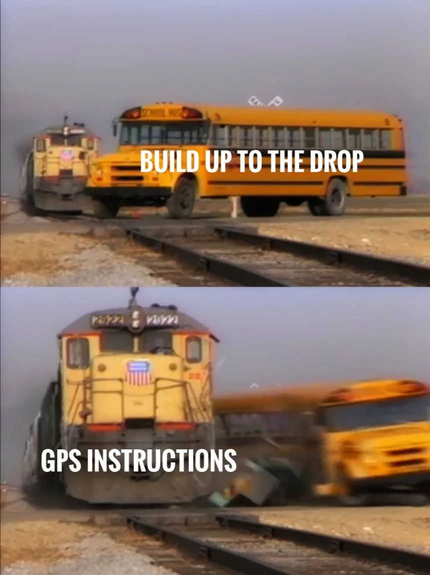 The top panel shows a yellow school bus parked beside a train on railroad tracks with the text 'BUILD UP TO THE DROP'. The…