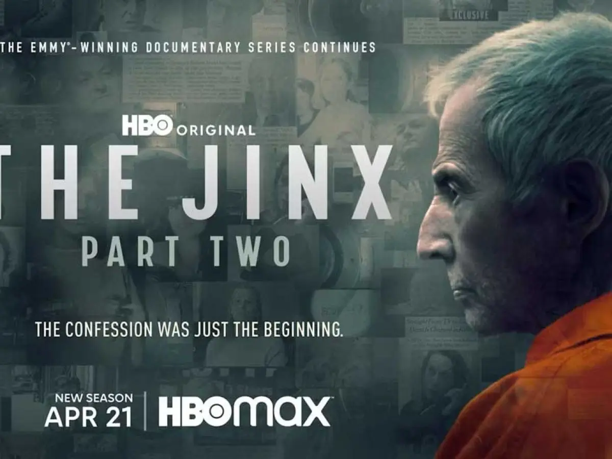 A promotional poster for the HBO documentary series 'The Jinx: Part Two' featuring a man in an orange prison jumpsuit…