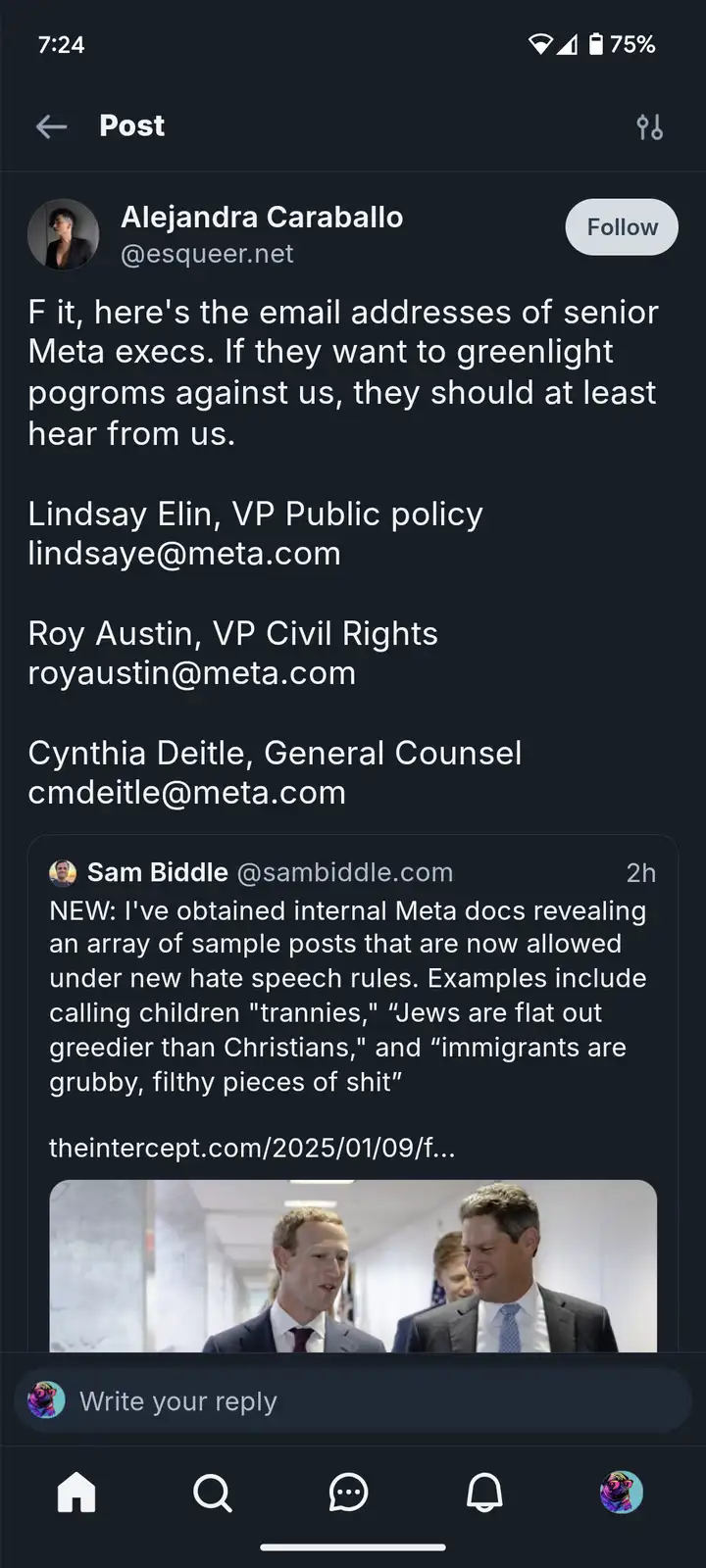 A screenshot of a social media post by Alejandra Caraballo listing email addresses of senior Meta executives like Lindsay…