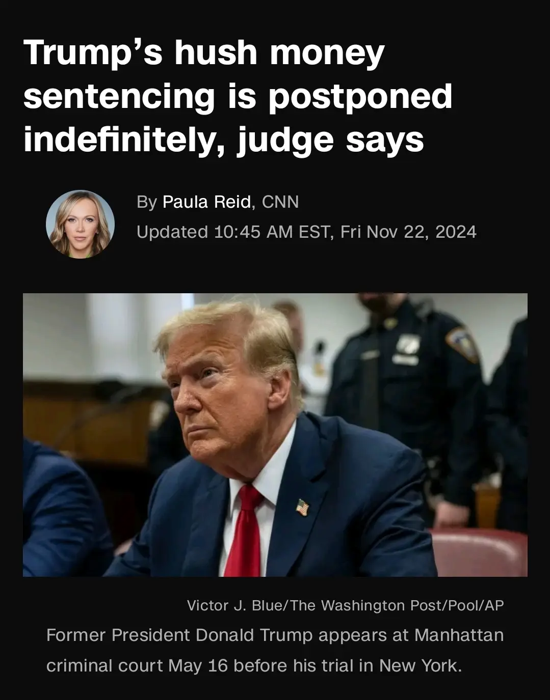 A screenshot of a CNN news article header with the headline 'Trump's hush money sentencing is postponed indefinitely, judge…