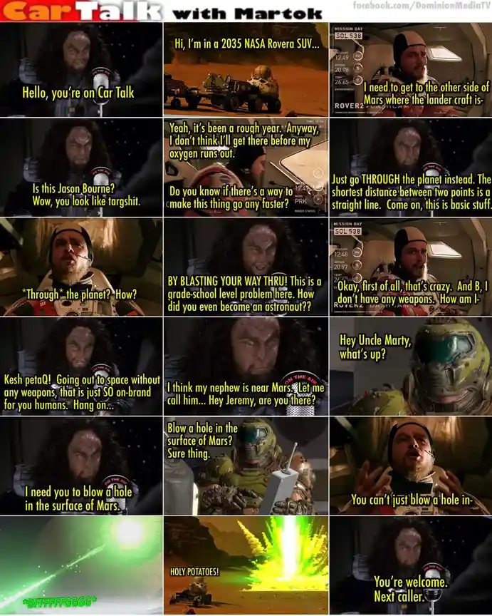A nine-panel meme parodying 'Car Talk' with characters from Star Trek and Doom. The 'host' (Martok) asks a stranded…