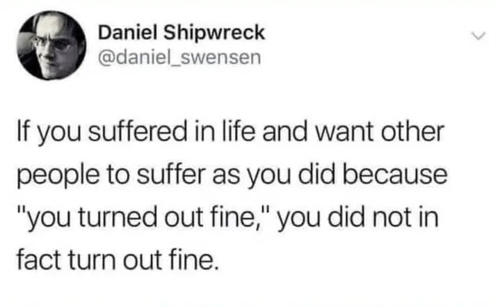 A screenshot of a tweet by Daniel Shipwreck (@daniel_swensen) showing his profile picture and the text: 'If you suffered in…