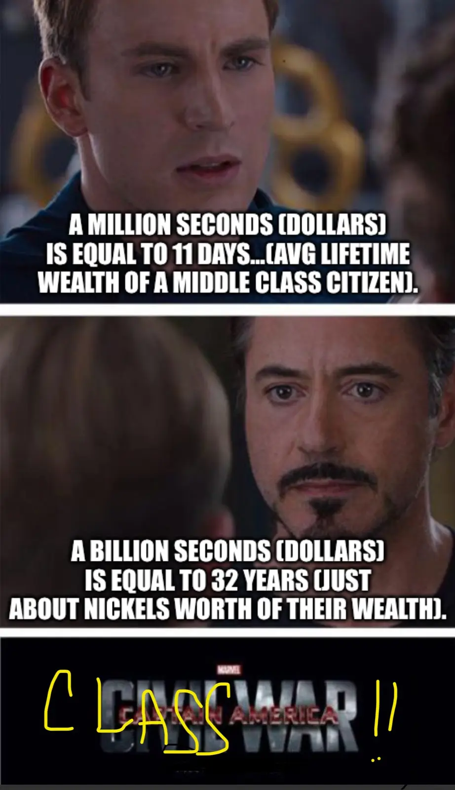 The image is a two-panel meme featuring Chris Evans as Captain America looking shocked, then Robert Downey Jr. as Iron Man…