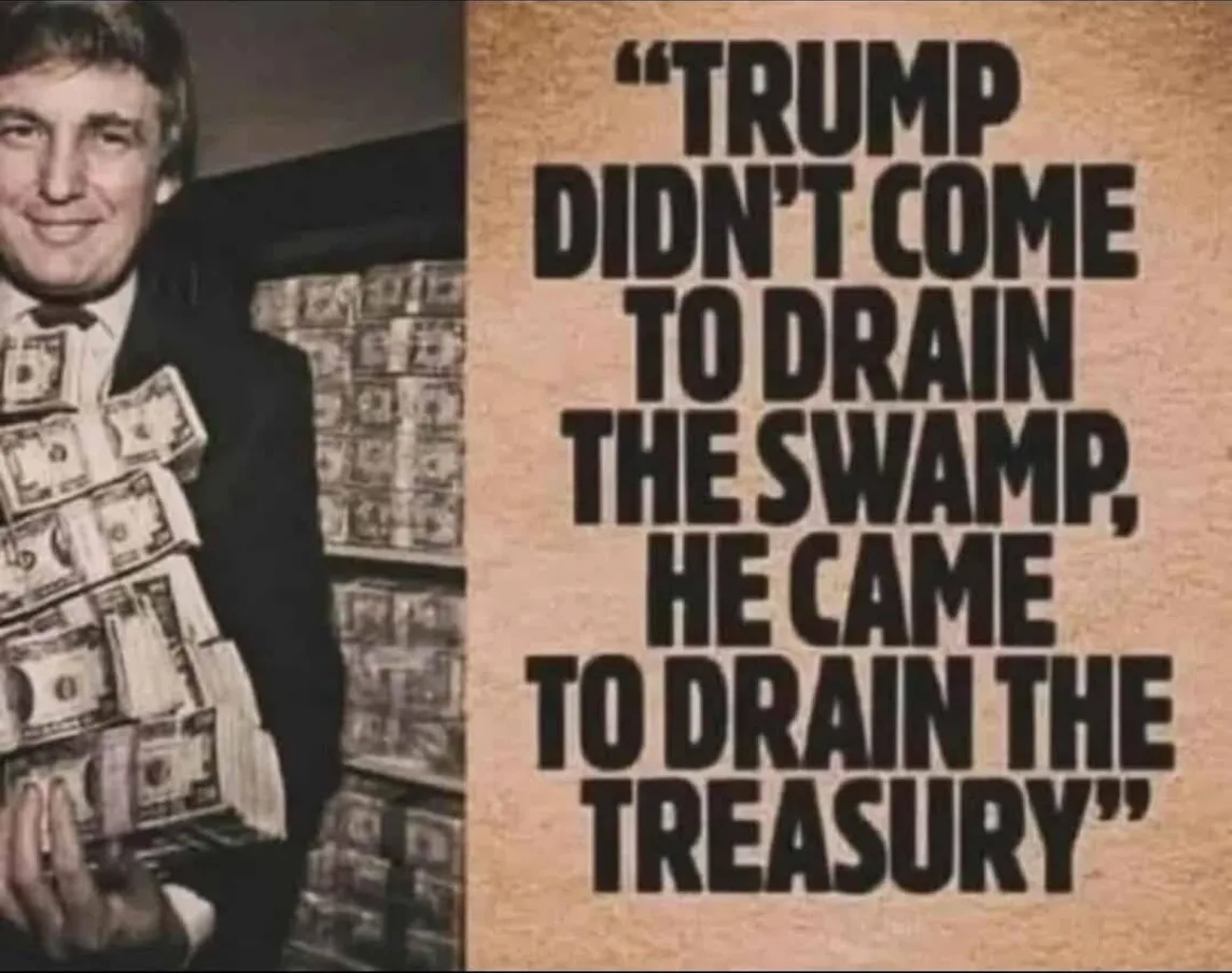 A black-and-white photo shows a young Donald Trump smiling while holding stacks of US dollar bills, with more stacks visible…