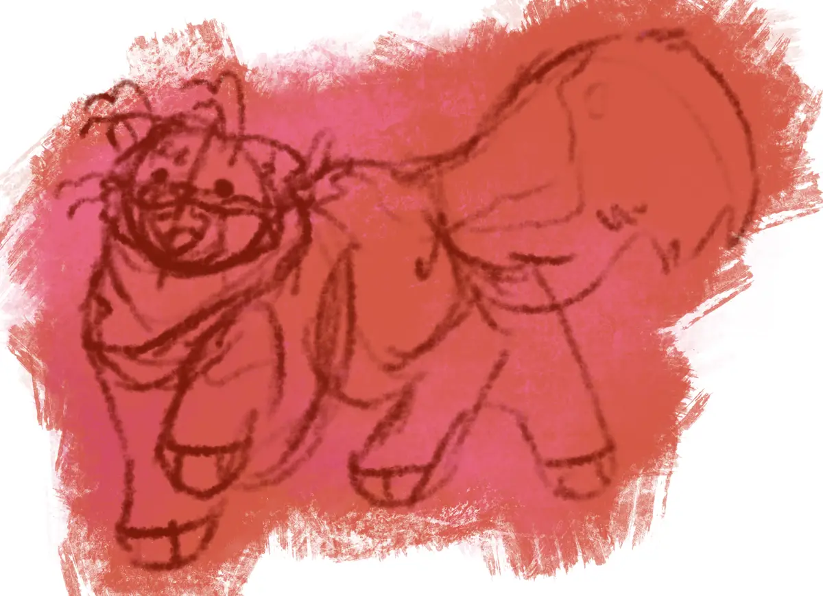A rough, red-toned sketch shows two cartoonish, anthropomorphic animal figures standing side by side. The figure on the left…