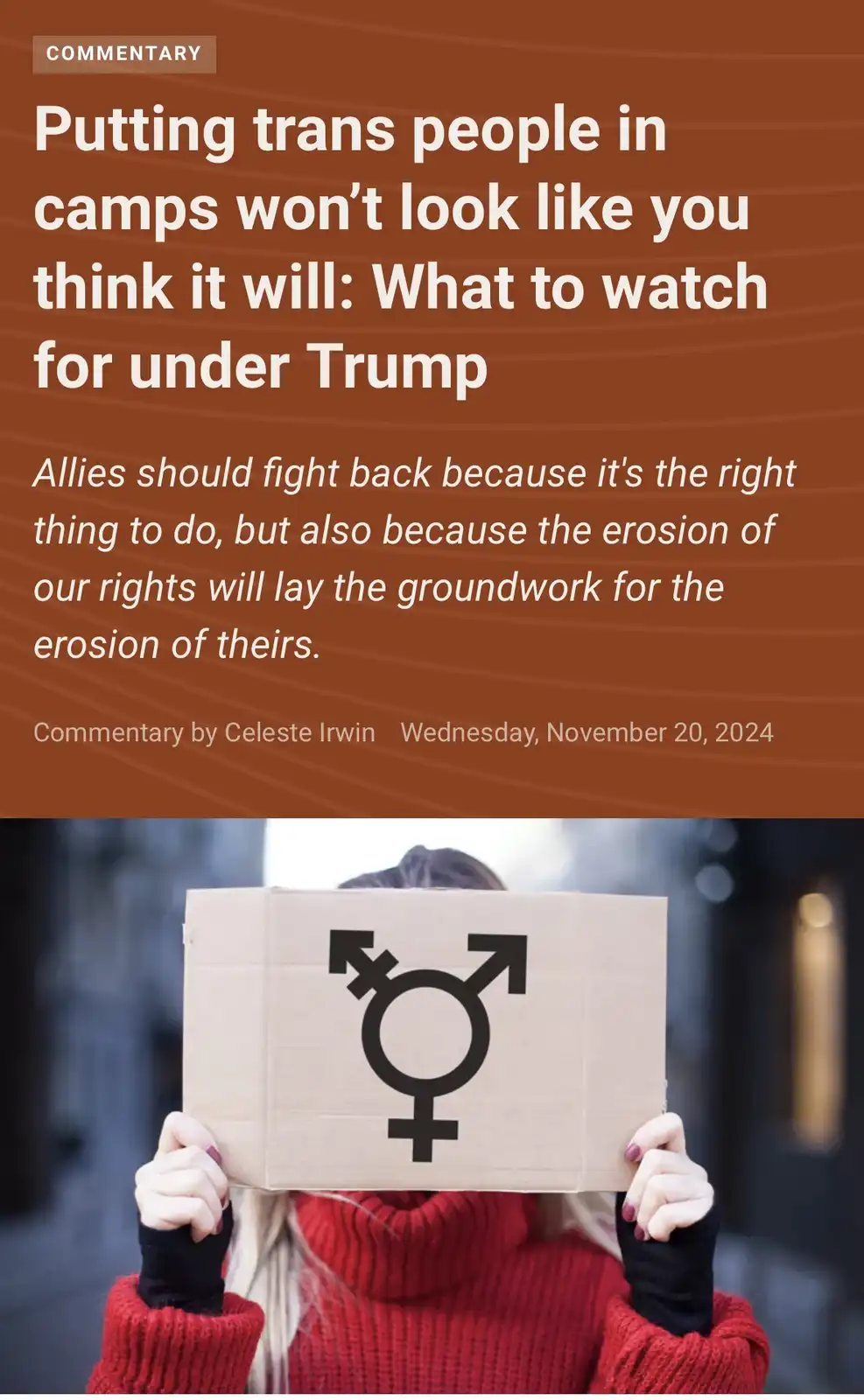 The image displays a news article header with the title 'Putting trans people in camps won't look like you think it will…