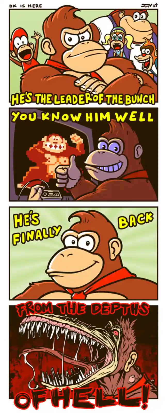 A four-panel comic strip featuring Donkey Kong. The first panel shows DK with his crew, text says 'HE'S THE LEADER OF THE…