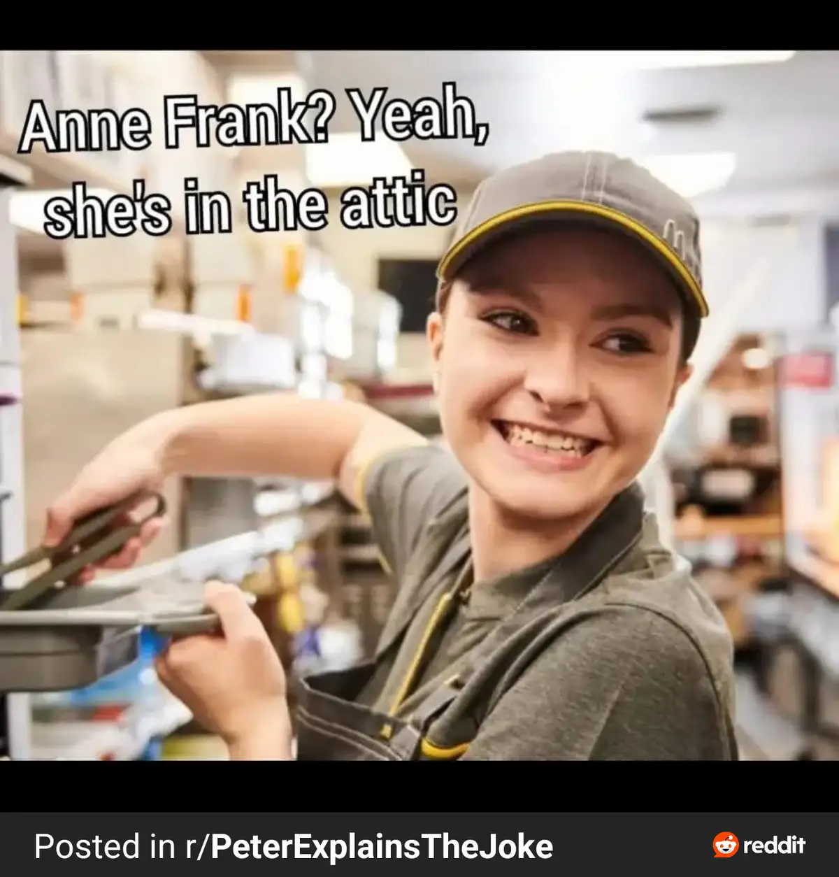 A young woman wearing a McDonald's uniform and cap smiles while holding a fryer basket in a kitchen. The text overlaid on…