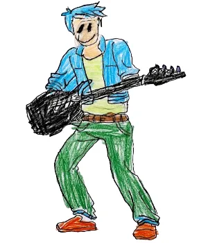 A childlike drawing of a person with blue hair, sunglasses, a blue jacket, green pants, and orange shoes, energetically…