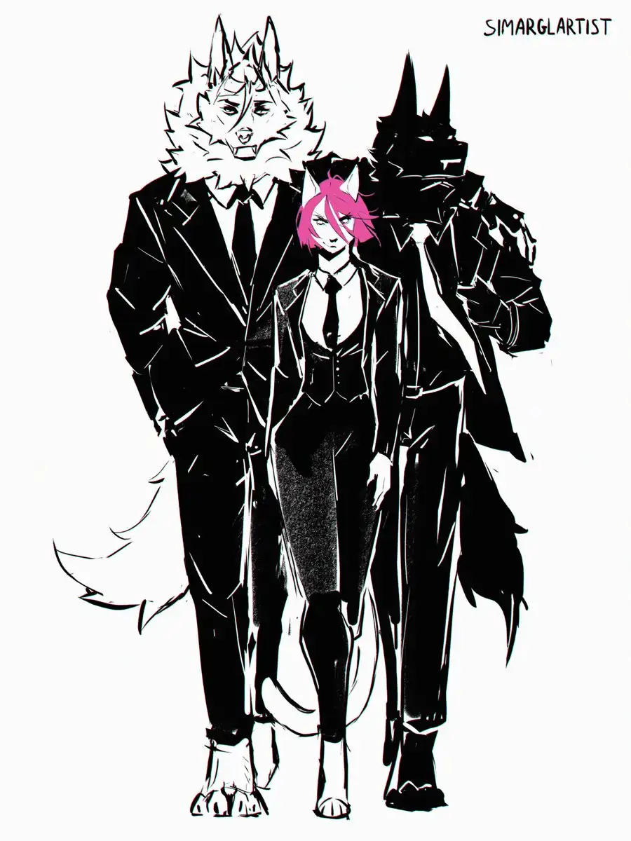 A black-and-white anime-style illustration shows three anthropomorphic wolves in formal suits. The central figure, with pink…