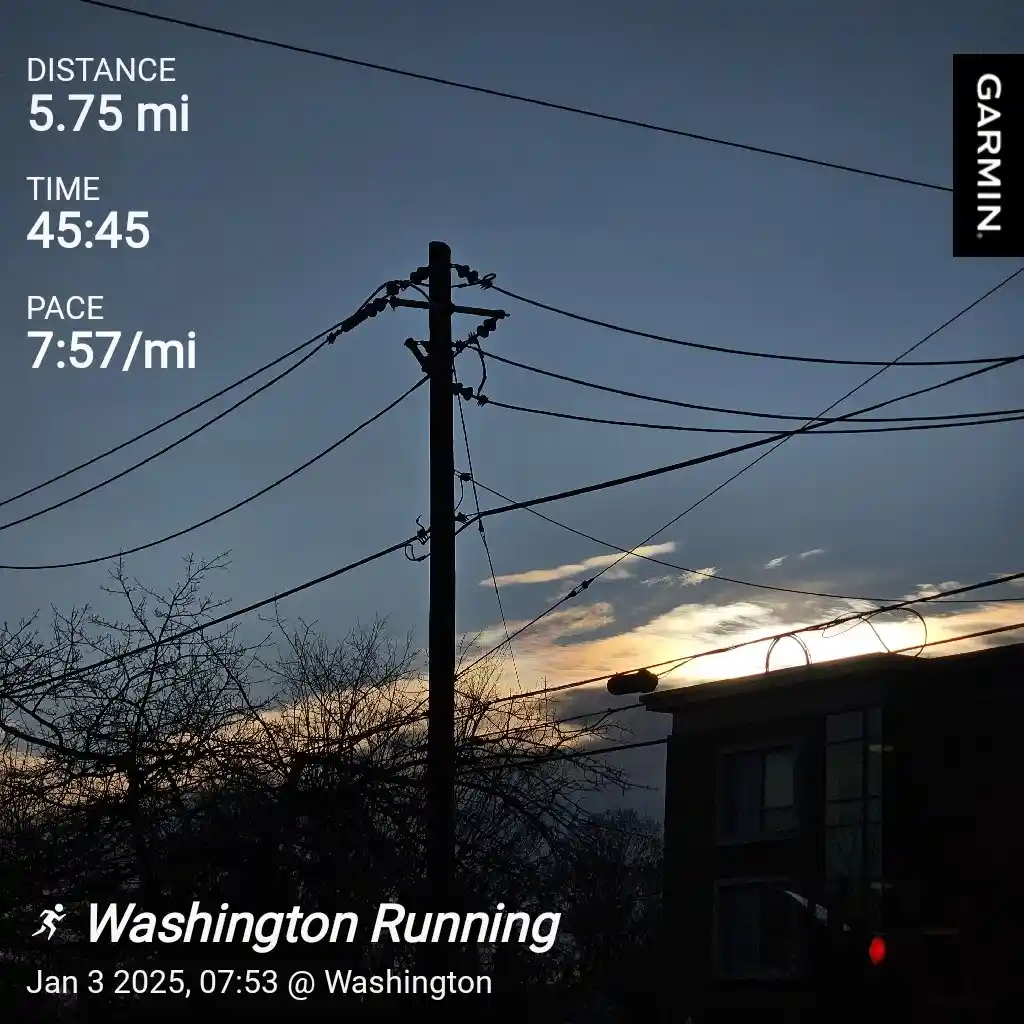 A screenshot of a Garmin running app overlay on a photo of a utility pole and sunset, showing stats: 5.75 miles distance…