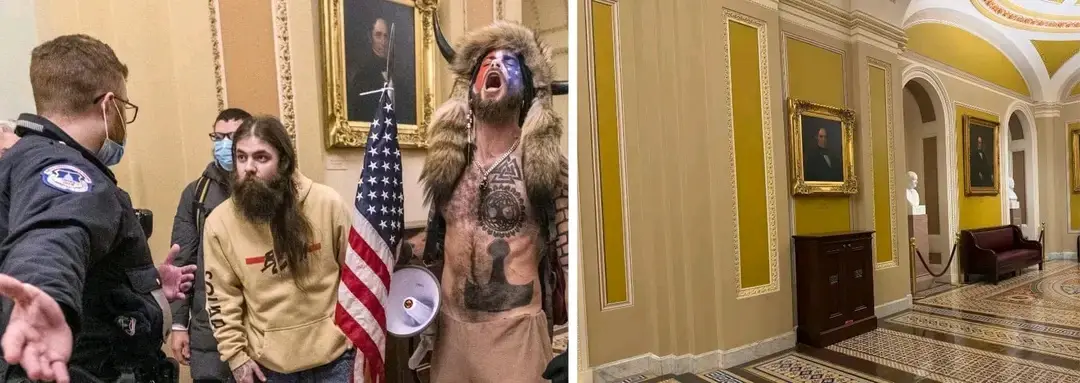 The image is a split-screen meme. The left panel shows a man in a buffalo costume with face paint screaming while holding a…