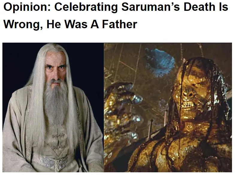 The image is split into two panels. The left panel shows a portrait of Gandalf the White, a wizard with long white hair and…