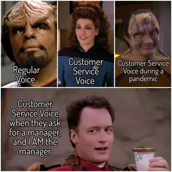 A four-panel meme using Star Trek characters: a skeptical Klingon as 'Regular Voice', a smiling human woman in a Starfleet…