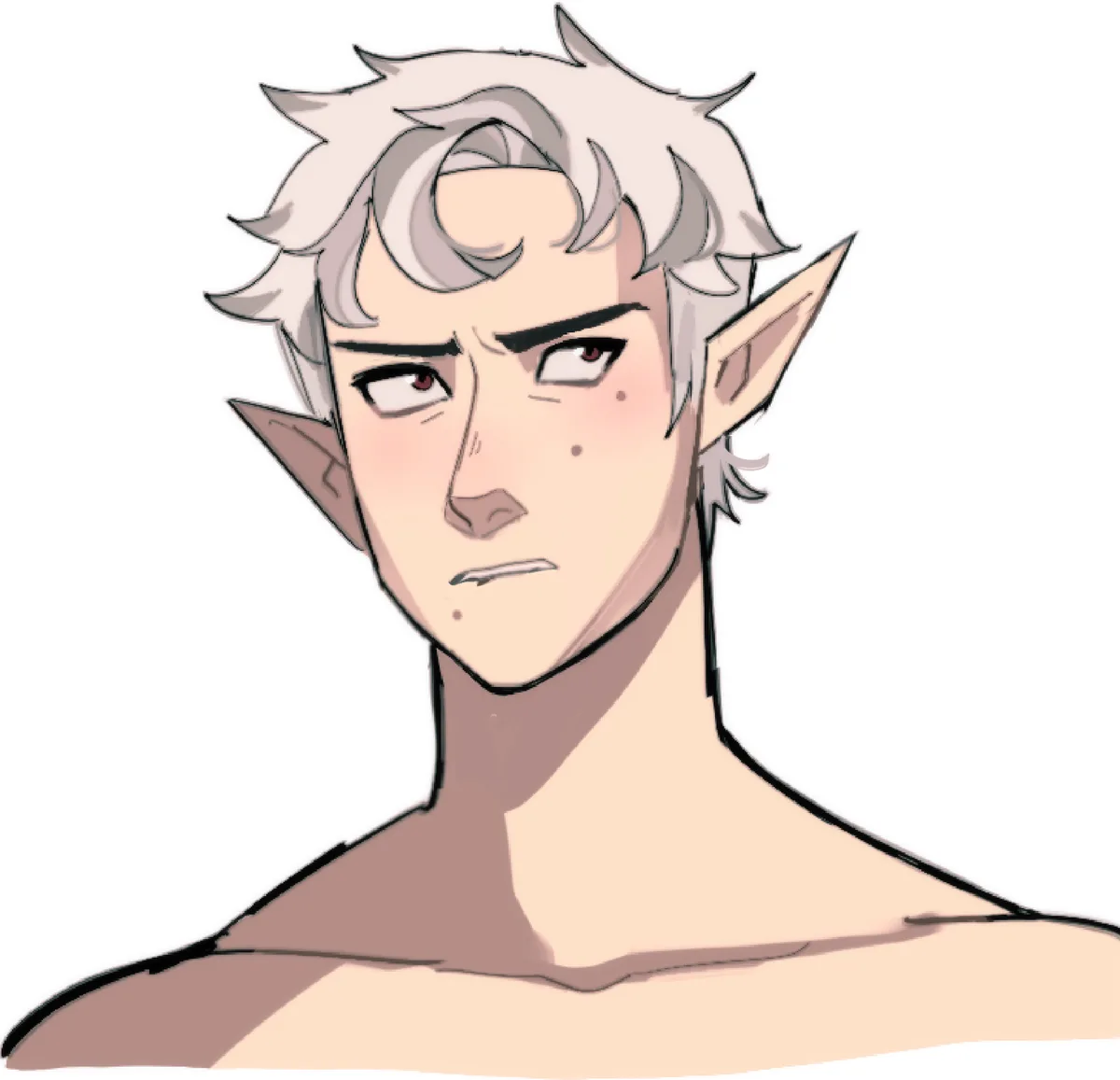 An anime-style illustration of a shirtless elf with spiky white hair, pointed ears, and a stern, disappointed expression…