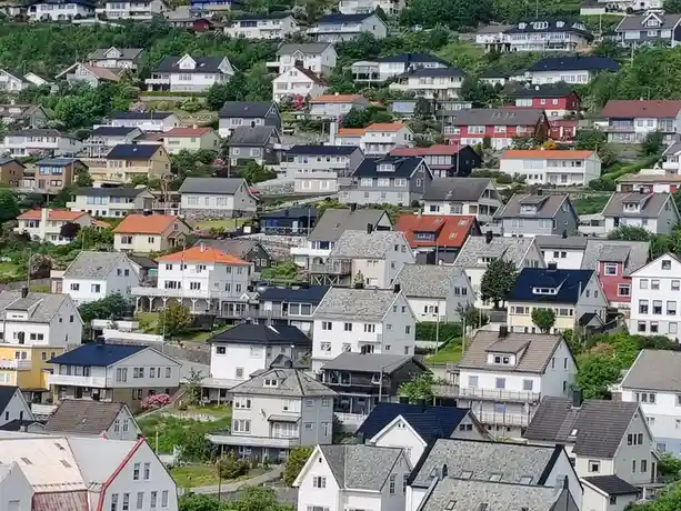 An aerial view of a densely packed residential neighborhood built on a steep, green hillside, with houses of various colors…