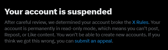A black screen displays a message from X (formerly Twitter) stating 'Your account is suspended' due to breaking 'X Rules'…