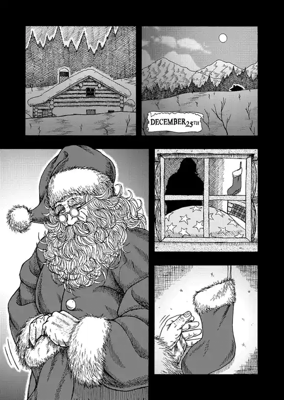A black-and-white manga-style comic strip shows a snowy cabin, a date label reading 'DECEMBER 25TH', a close-up of Santa…