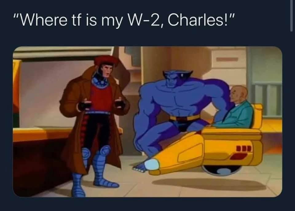 An animated scene shows a man in a brown coat and red hat standing and shouting at a large blue muscular figure who is…