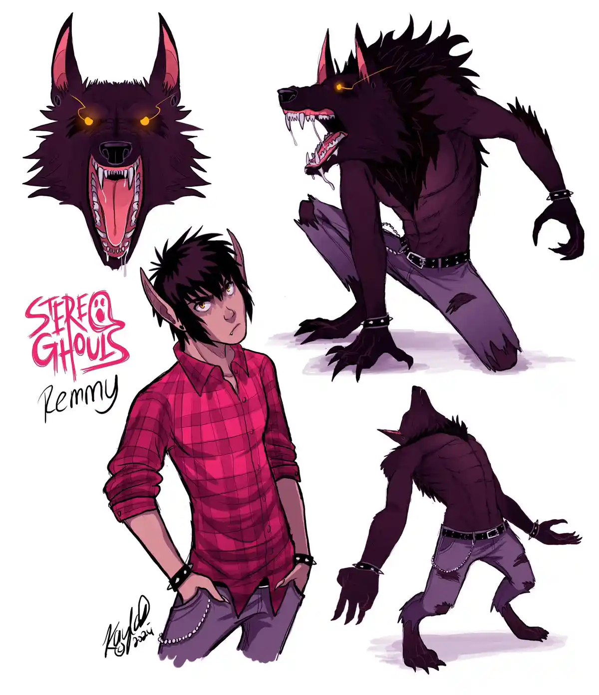 This character sheet shows a human male with black hair and pointed ears wearing a red plaid shirt and ripped jeans…