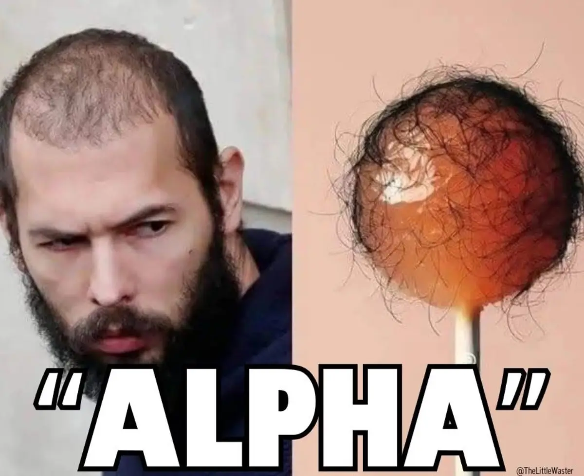 The image is split: on the left, a man with a beard and receding hairline stares intensely; on the right, a lollipop with a…