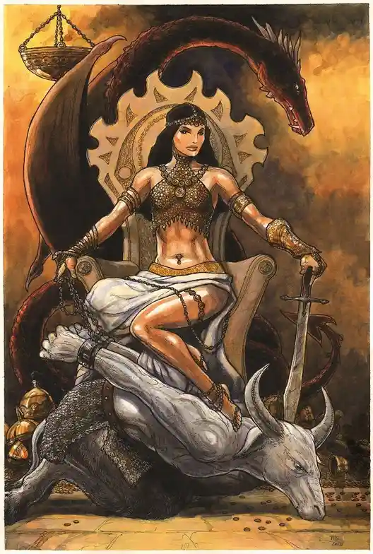 A woman with dark hair and ornate jewelry sits regally on a throne, holding a sword while a large red dragon coils behind…