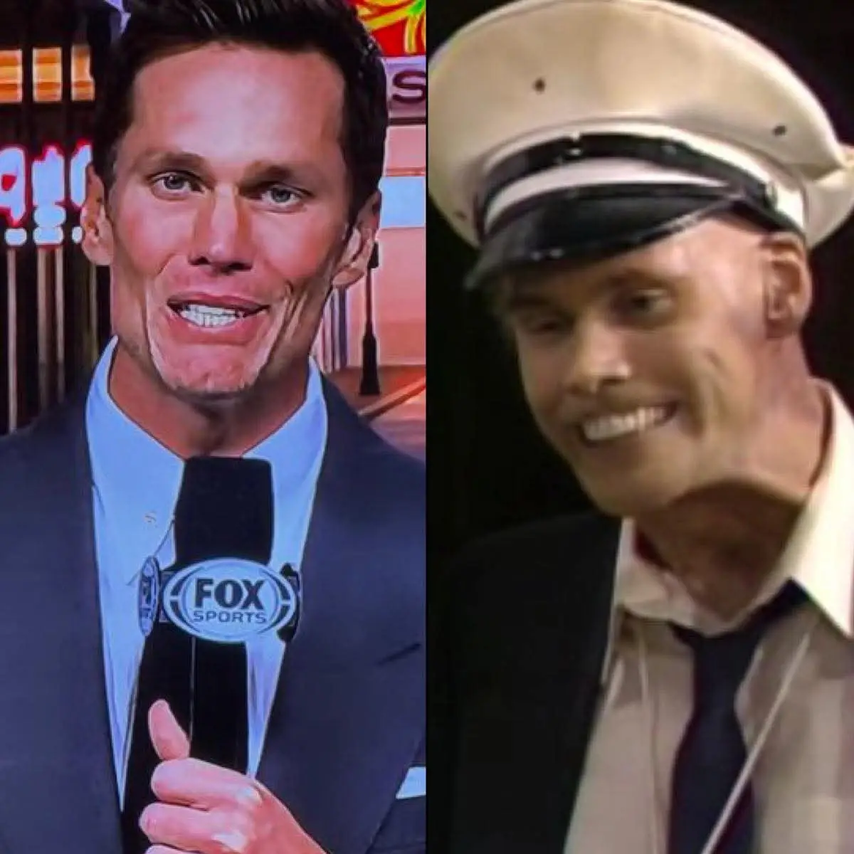 The image is a split-screen meme. On the left, Tom Brady is shown smiling while holding a Fox Sports microphone. On the…