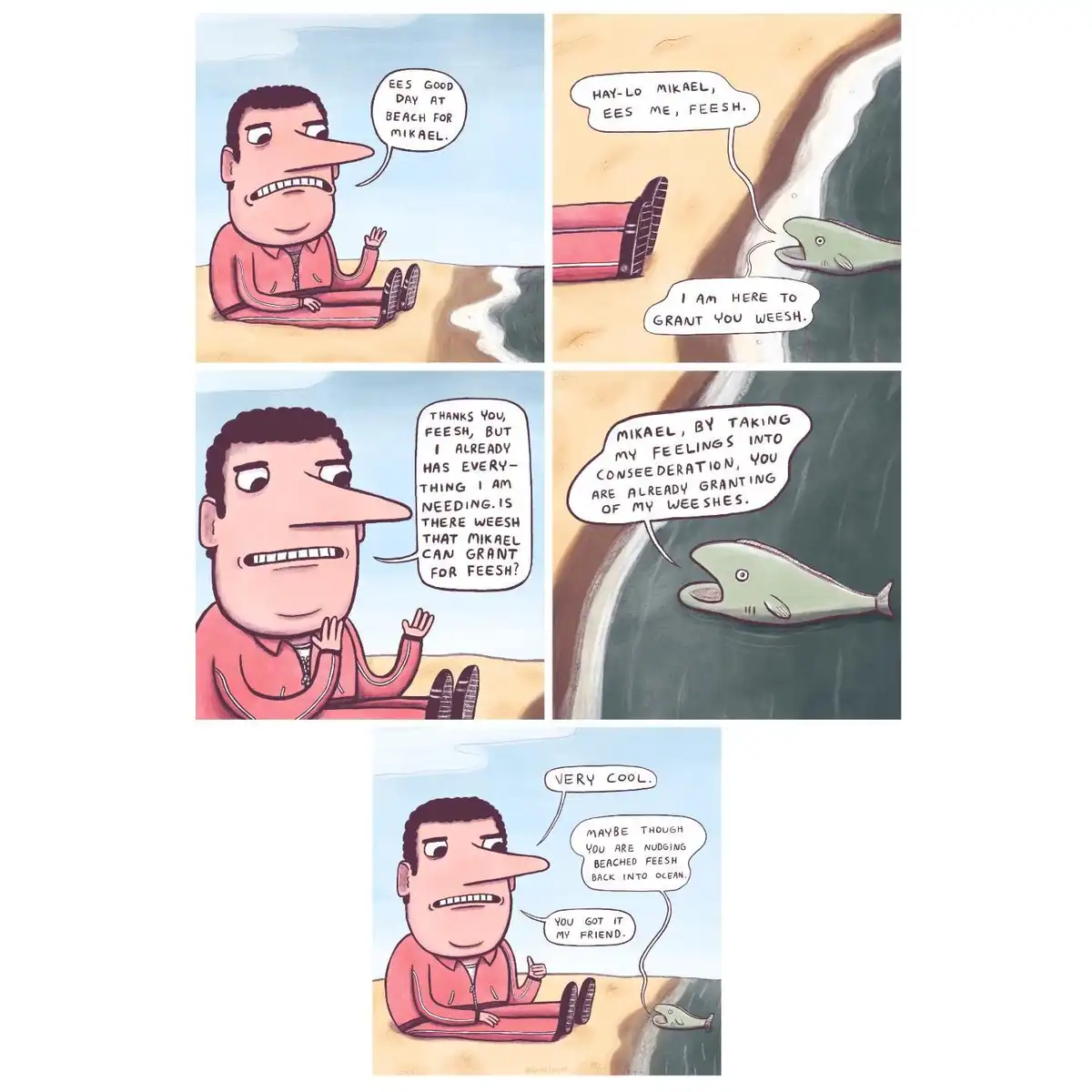 A four-panel comic strip shows a man sitting on a beach talking to a whale. The whale, named Feesh, offers to grant wishes…