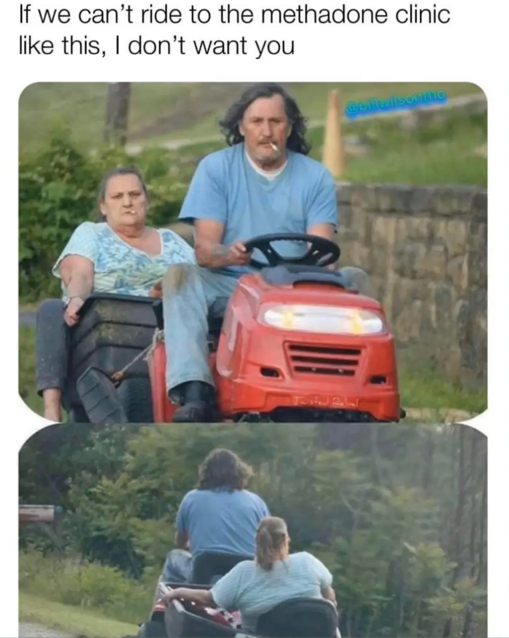 Two people, a man driving and a woman riding as passenger, are on a red riding lawnmower. Both are smoking cigarettes and…