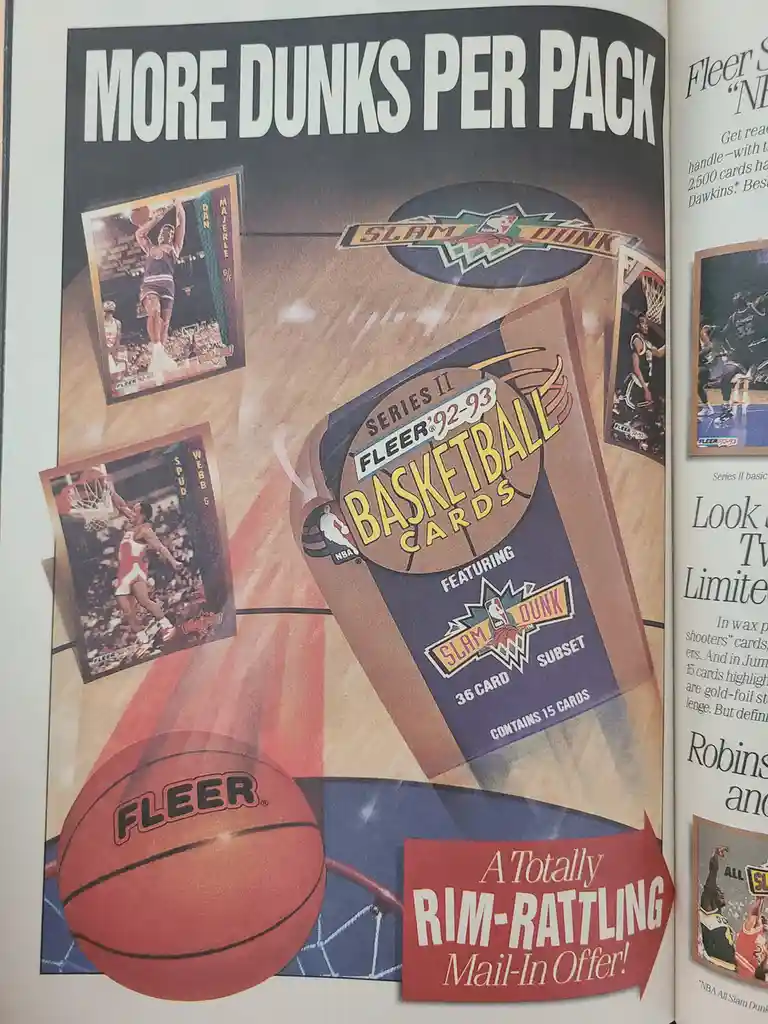 An advertisement for Fleer Series II 1992-93 Basketball Cards featuring a 'Slam Dunk' subset, with images of basketball…