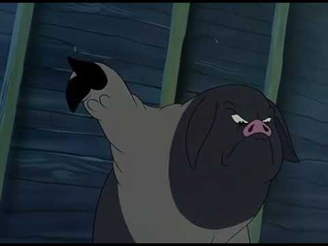 A cartoon pig with a grumpy, disappointed expression, its head tilted back and one hoof raised, against a wooden background…