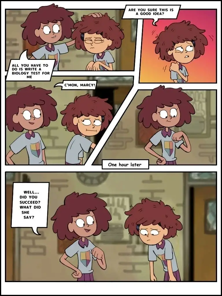 A comic strip from 'The Owl House' shows two girls, one encouraging the other to write a biology test for her. The…