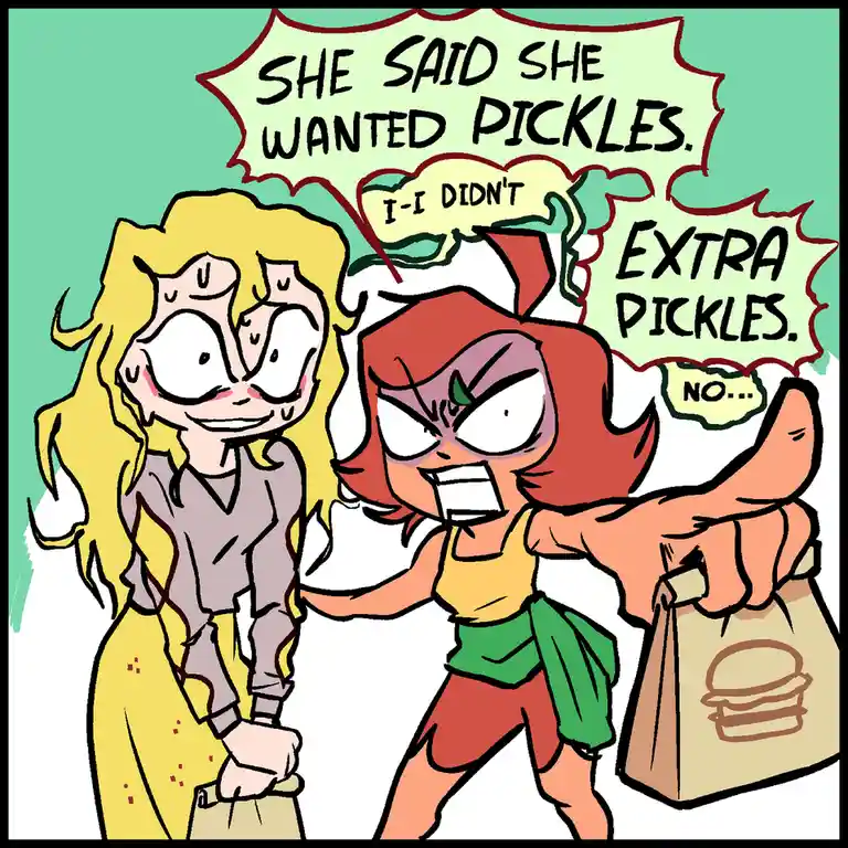 Two cartoon women are depicted in a tense scene. The woman on the left, with long blonde hair and a nervous expression…