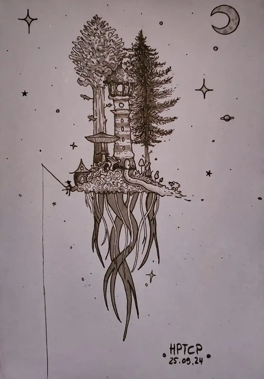 A black-and-white ink drawing depicts a surreal floating island in space, anchored by long roots, featuring trees, a…
