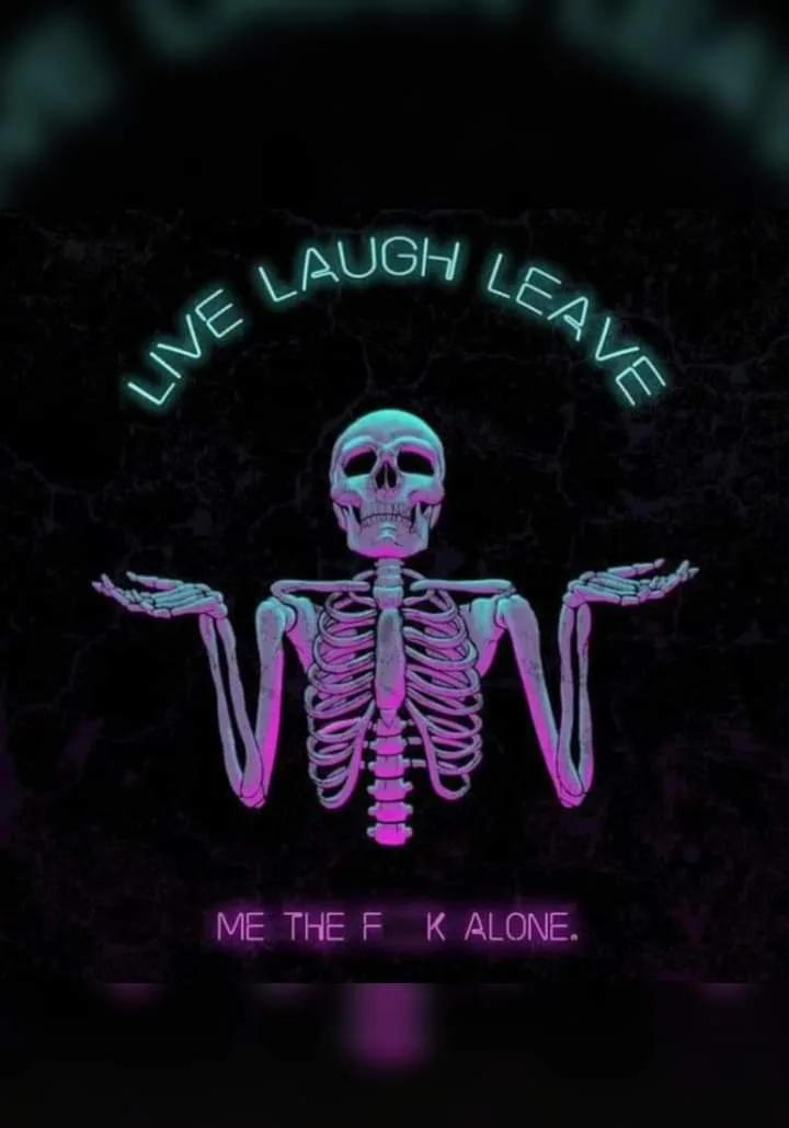 A glowing neon skeleton with arms outstretched in a shrugging pose against a dark, cracked background. Above the skeleton…