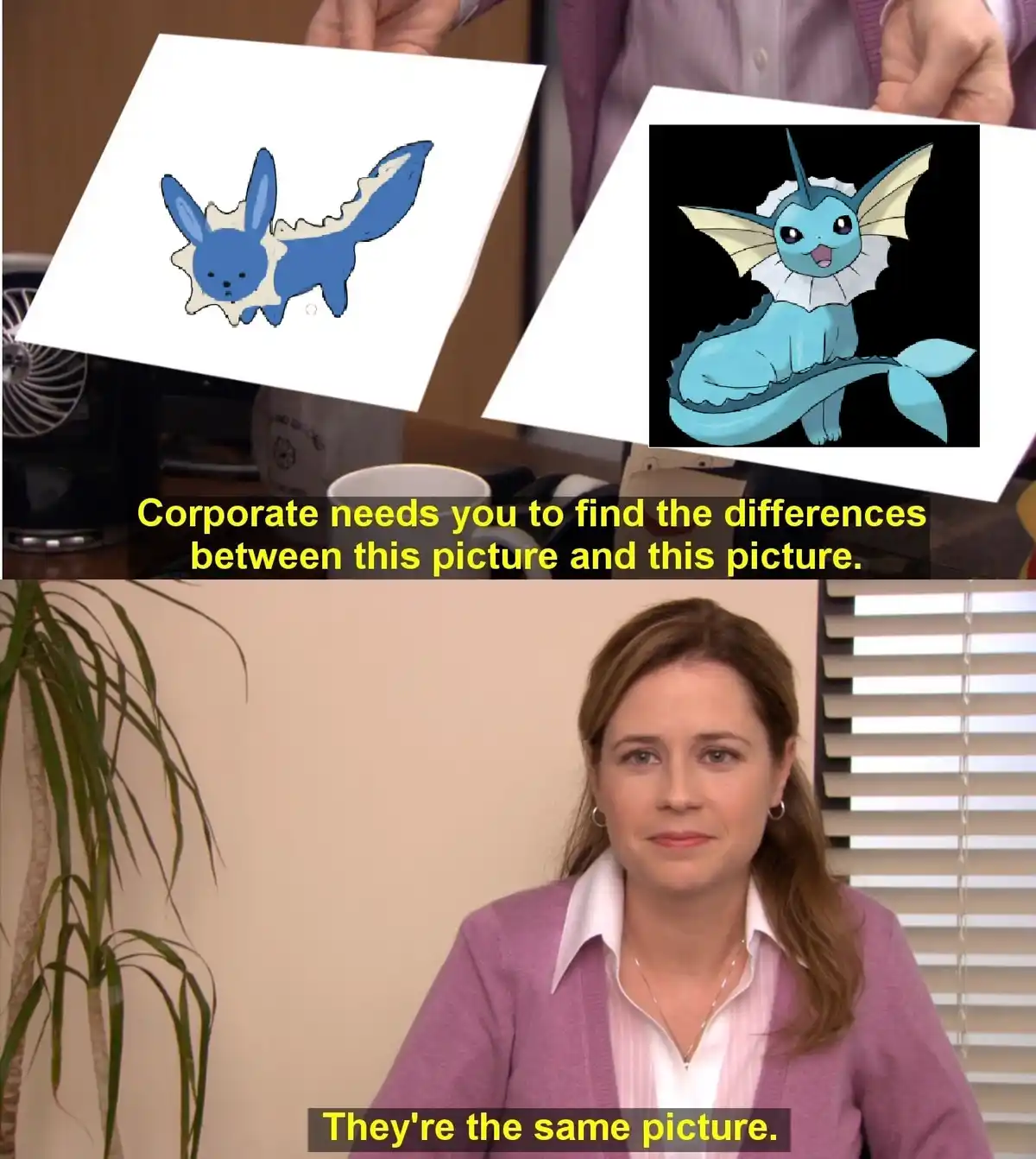 Two images are shown side by side: one is a simple, low-quality drawing of a blue, fox-like Pokémon with a white ruff, and…