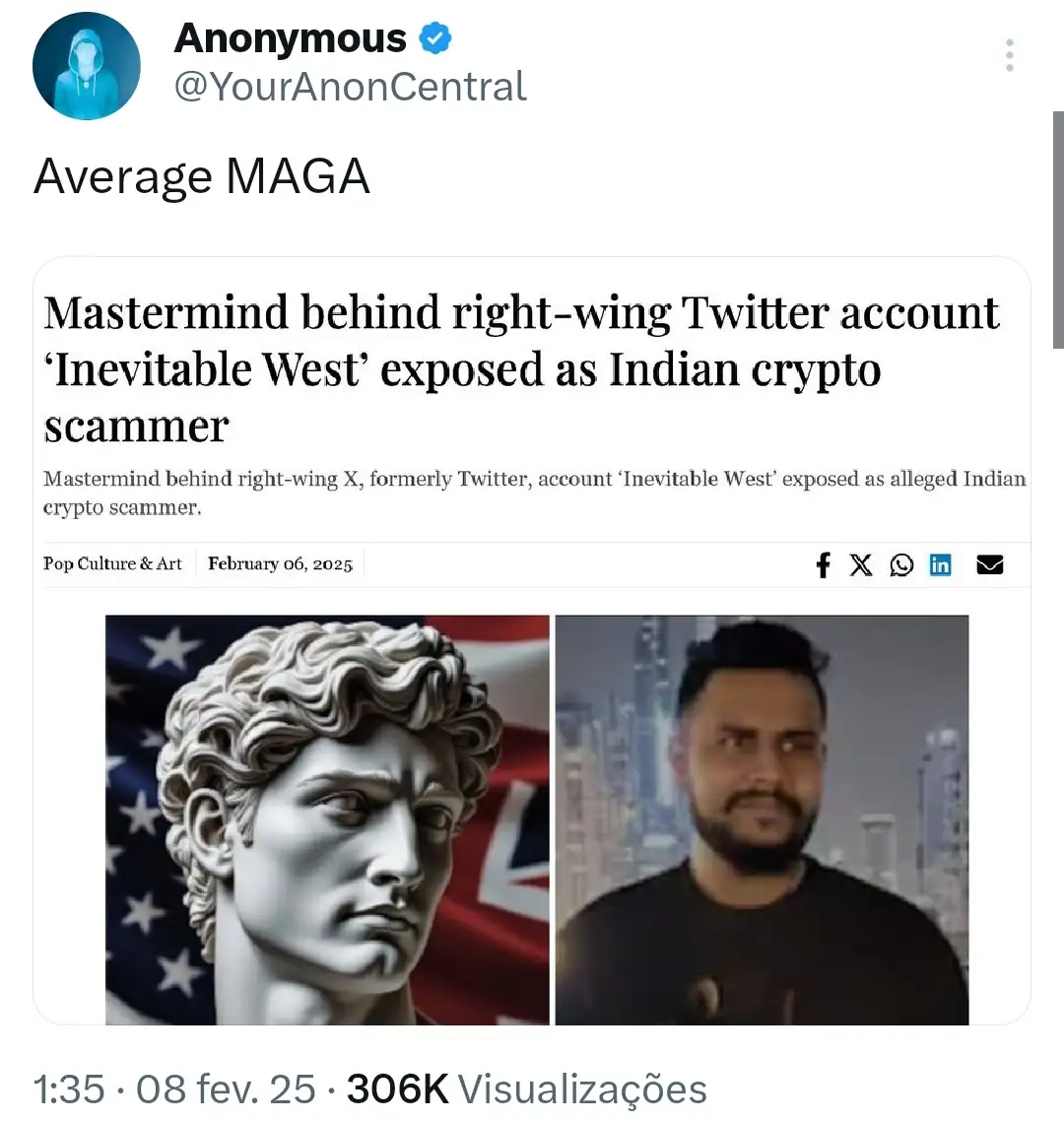 A screenshot of a Twitter post from @YourAnonCentral titled 'Average MAGA' shows a news article claiming the 'Mastermind…
