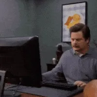 A six-panel sequence shows a man in a blue polo shirt and brown pants initially sitting at a desk, then standing up with a…