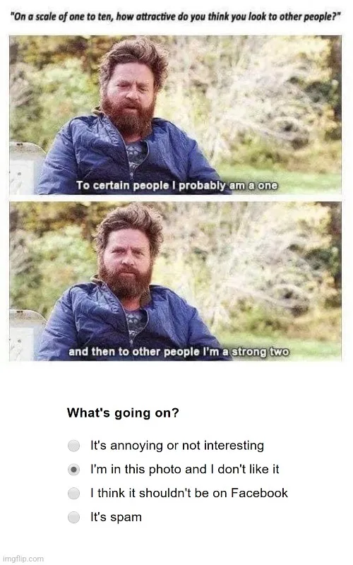 The image shows actor Zach Galifianakis in two panels, looking at the camera with a serious expression. The top panel has…