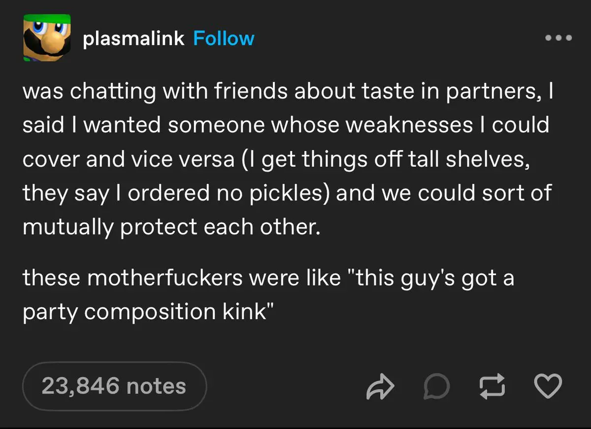 A screenshot of a Tumblr post by user 'plasmalink' with a Mario character profile picture. The post text describes a…