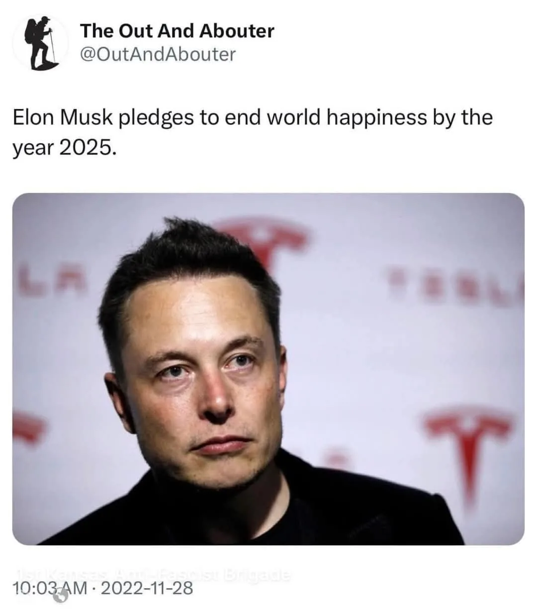 A close-up photo of Elon Musk looking serious, with a blurred background featuring red Tesla logos. The overlaid text reads…