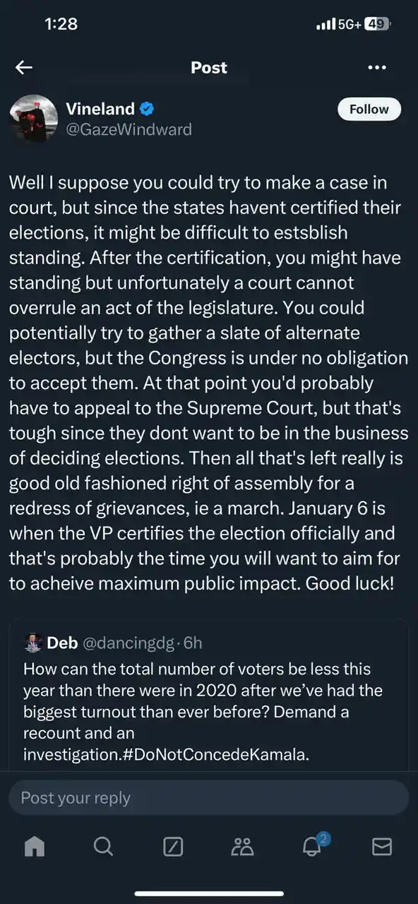 A screenshot of a Twitter post by user Vineland (@GazeWindward) replying to a user named Deb. The reply is a long, sarcastic…