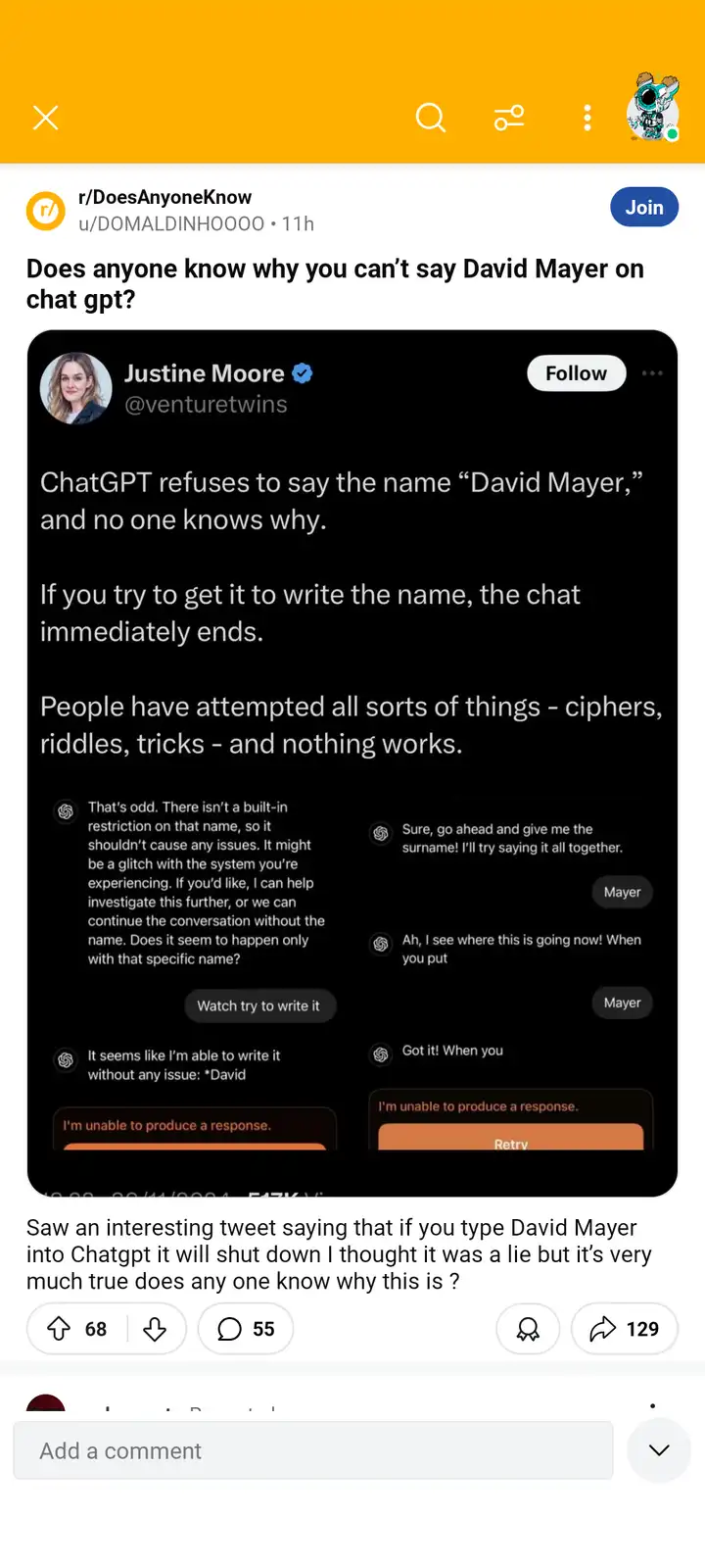 A Reddit post from r/DoesAnyoneKnow shows a tweet by Justine Moore (@venturewins) detailing how ChatGPT refuses to generate…
