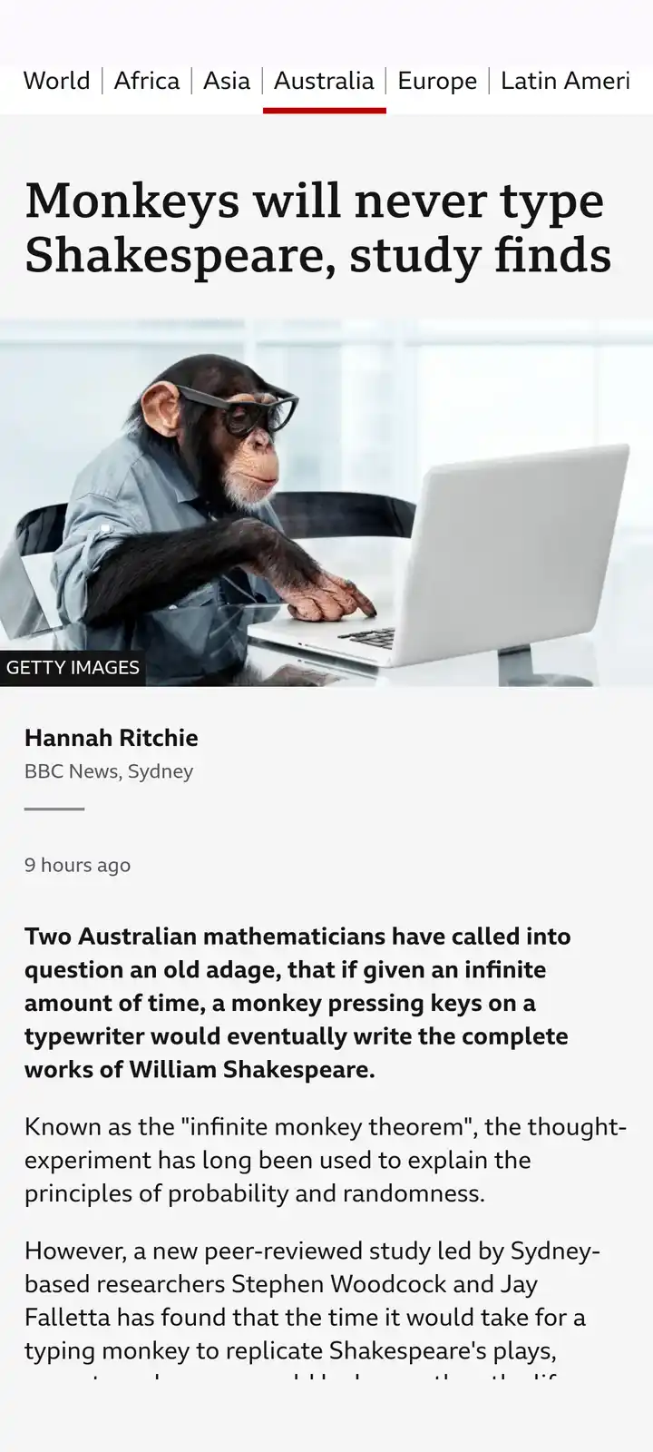 A chimpanzee wearing glasses sits at a desk typing on a laptop, overlaid with a news article headline claiming monkeys will…