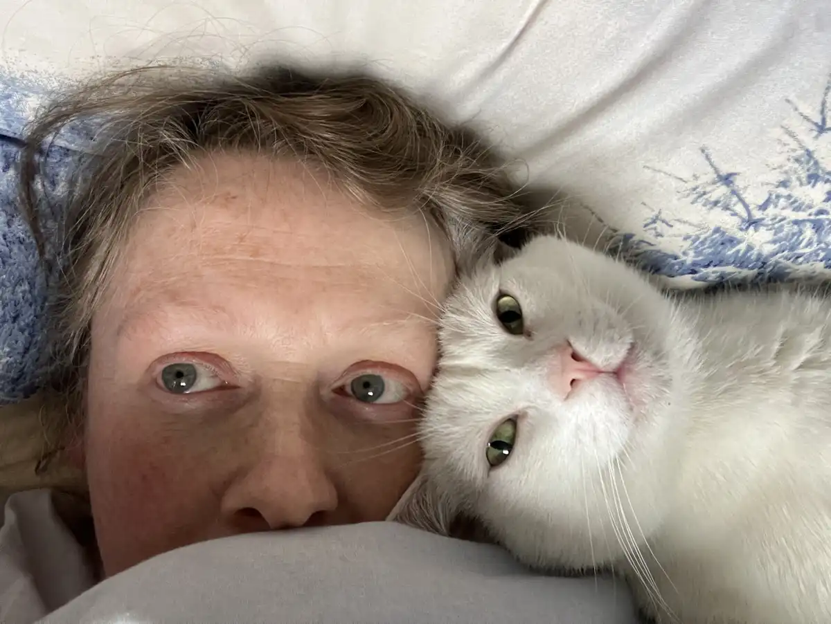 A person with light brown hair and wide eyes lies in bed, looking directly at the camera, while a fluffy white cat with…