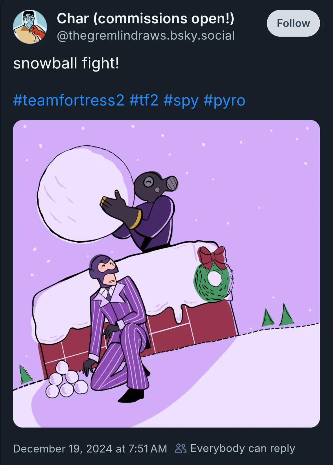 A cartoon drawing shows two Team Fortress 2 characters, the Spy and the Pyro, on a snowy rooftop. The Pyro, wearing a gas…