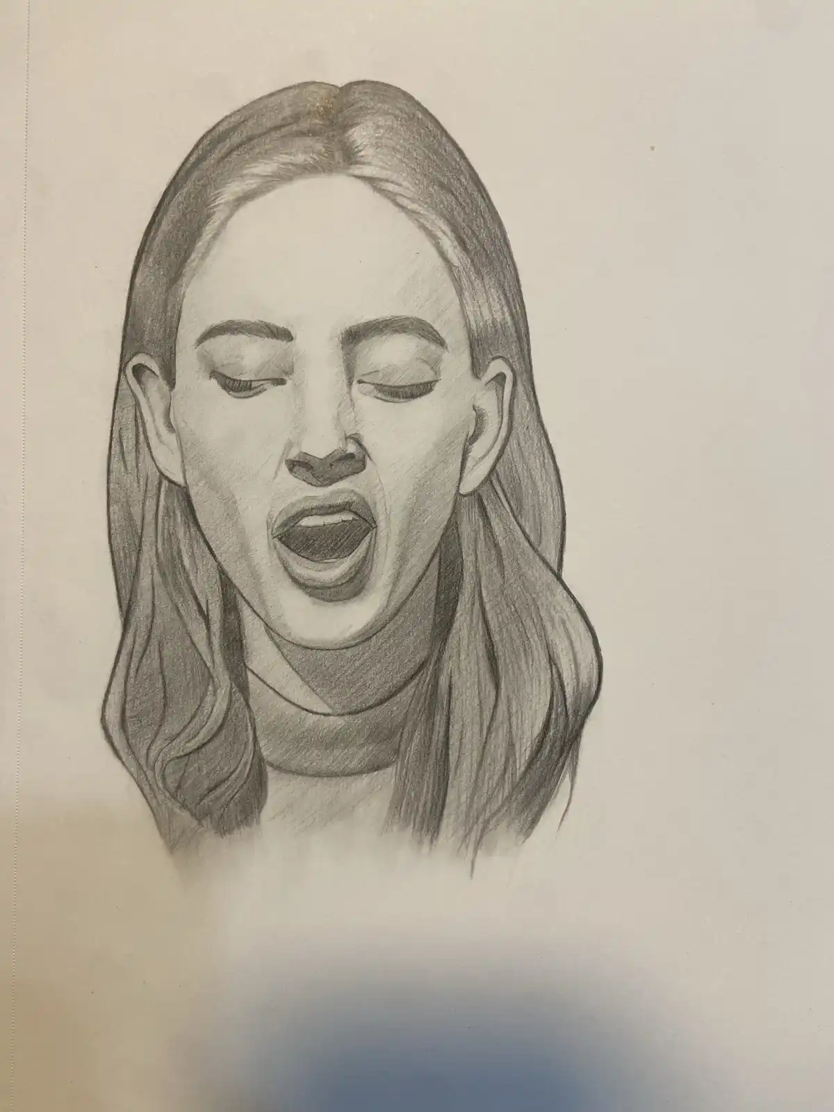 A detailed pencil sketch of a woman with her eyes closed and mouth wide open in a yawn, wearing a high-necked turtleneck…