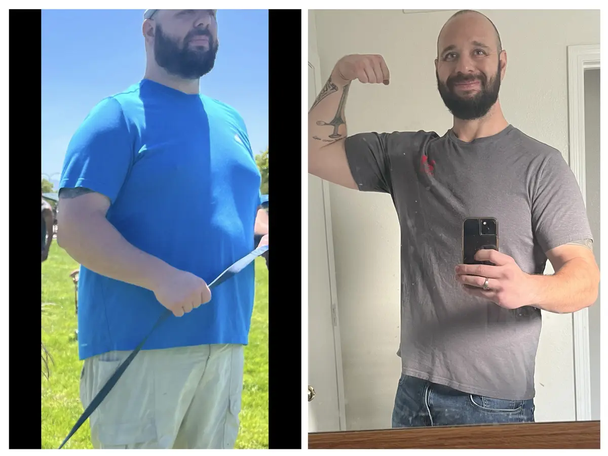 A side-by-side comparison shows a man in a blue shirt outdoors holding a measuring tape around his waist, appearing heavier…
